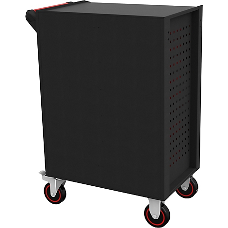 Schwarzer Werkzeugwagen auf Rollen mit roten Akzenten. Eckige Form, Lochmuster an der Seite.